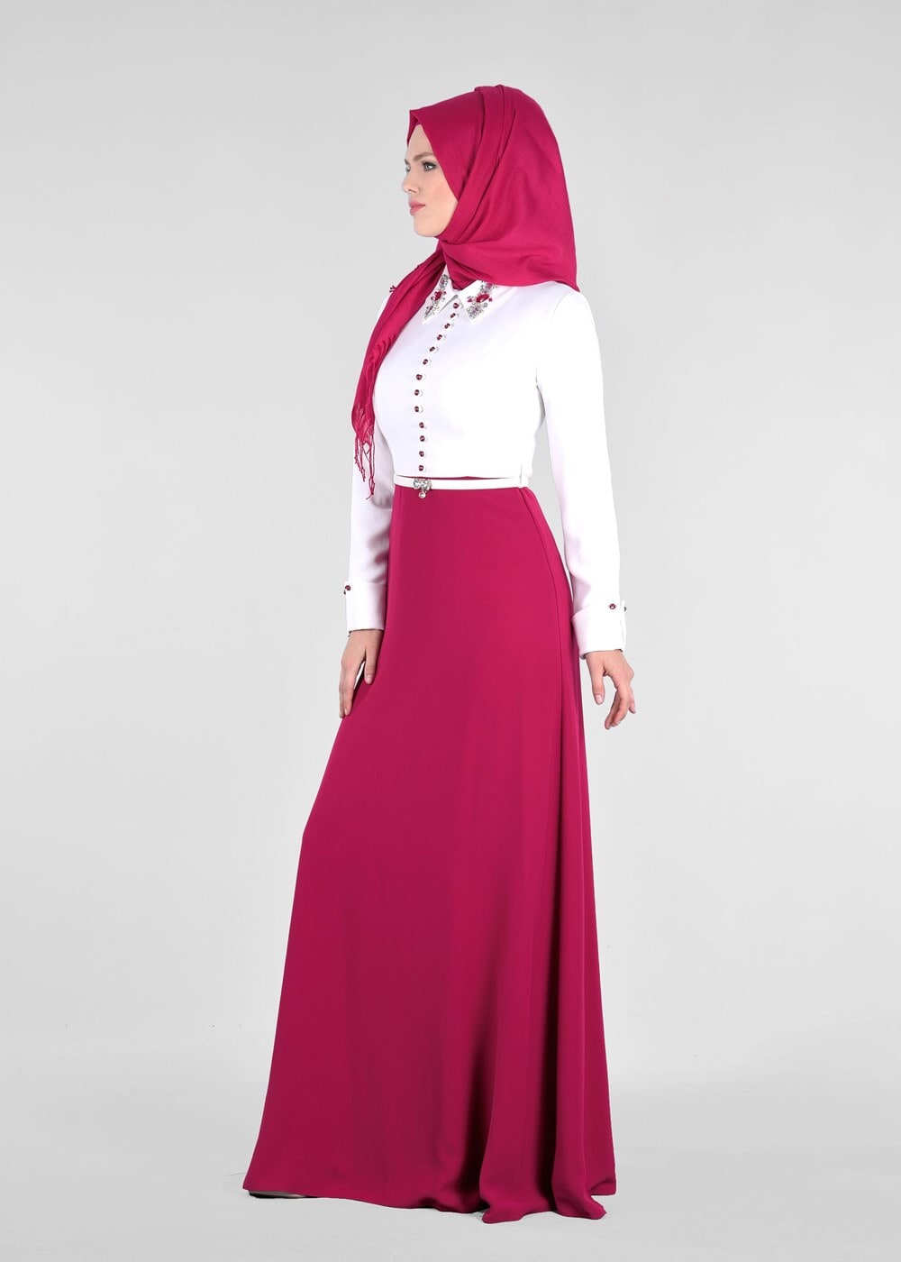 Tesettür giyim FUŞYA DÜĞMELİ YAKASI TAŞ DETAYLI ABİYE ELBİSE 5238 