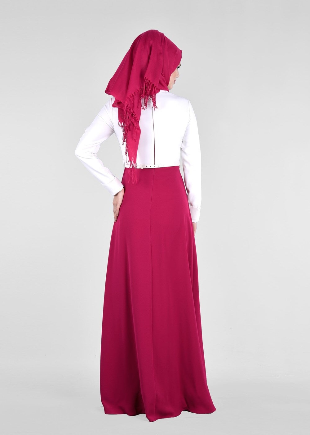 Tesettür giyim FUŞYA DÜĞMELİ YAKASI TAŞ DETAYLI ABİYE ELBİSE 5238 