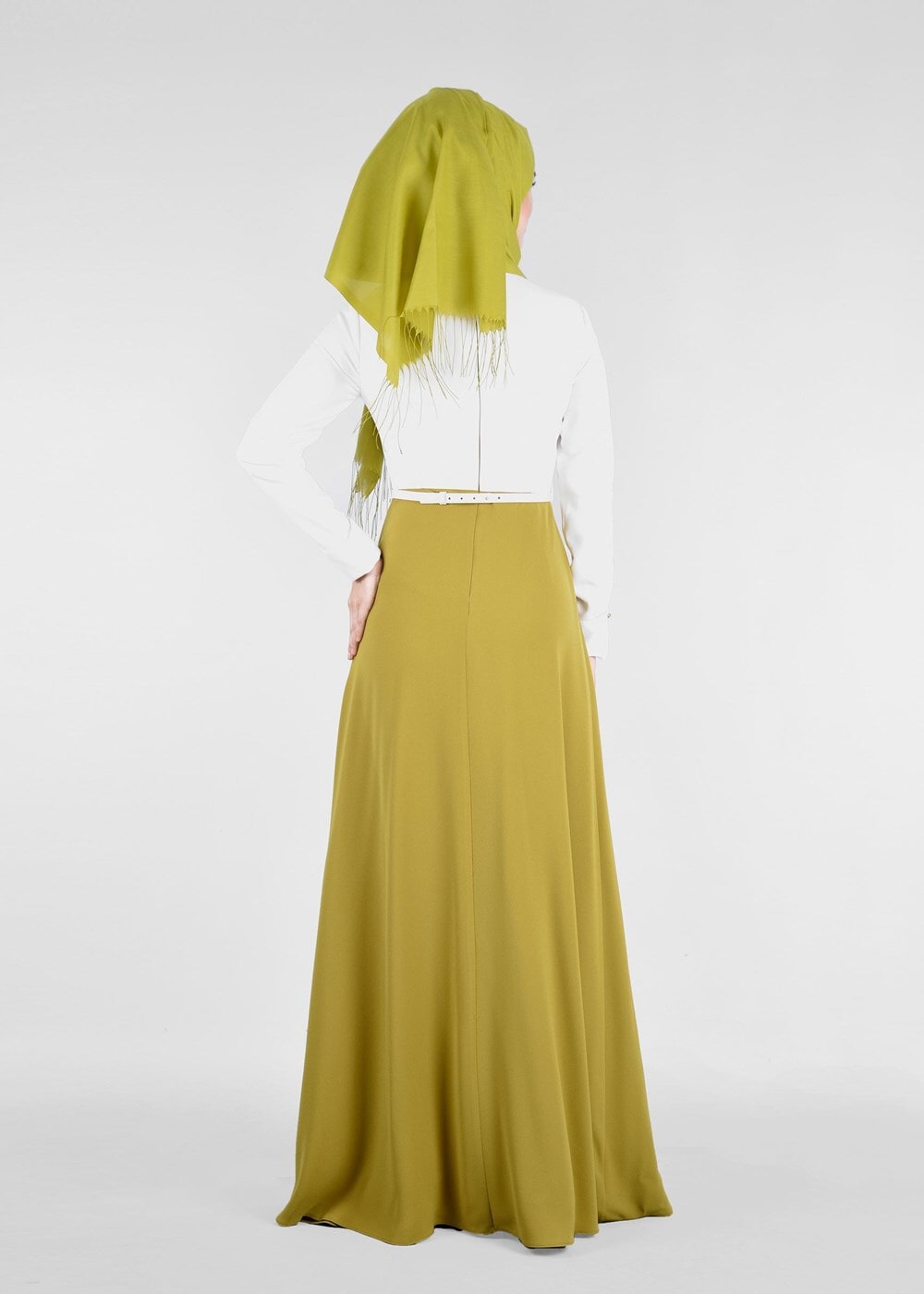 Tesettür giyim YEŞİL DÜĞMELİ YAKASI TAŞ DETAYLI ABİYE ELBİSE 5238 