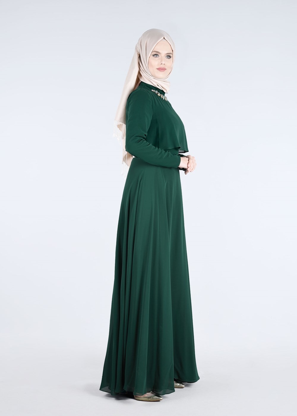 Tesettür giyim YEŞİL YAKASI TAŞ AKSESUARLI KEMERLİ ABİYE ELBİSE 5240
