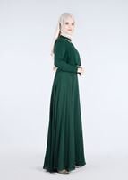 Tesettür giyim YEŞİL YAKASI TAŞ AKSESUARLI KEMERLİ ABİYE ELBİSE 5240