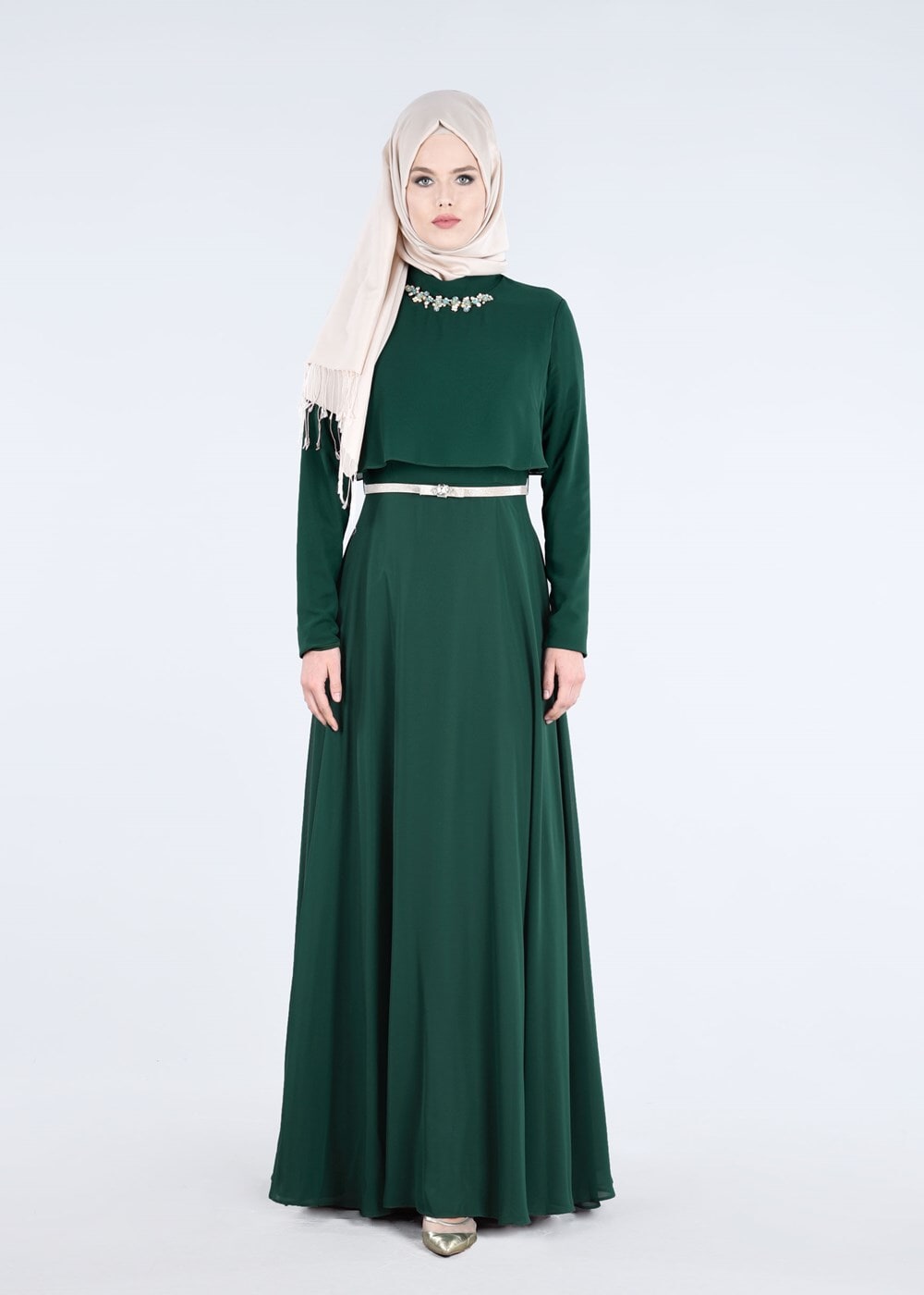 Tesettür giyim YEŞİL YAKASI TAŞ AKSESUARLI KEMERLİ ABİYE ELBİSE 5240