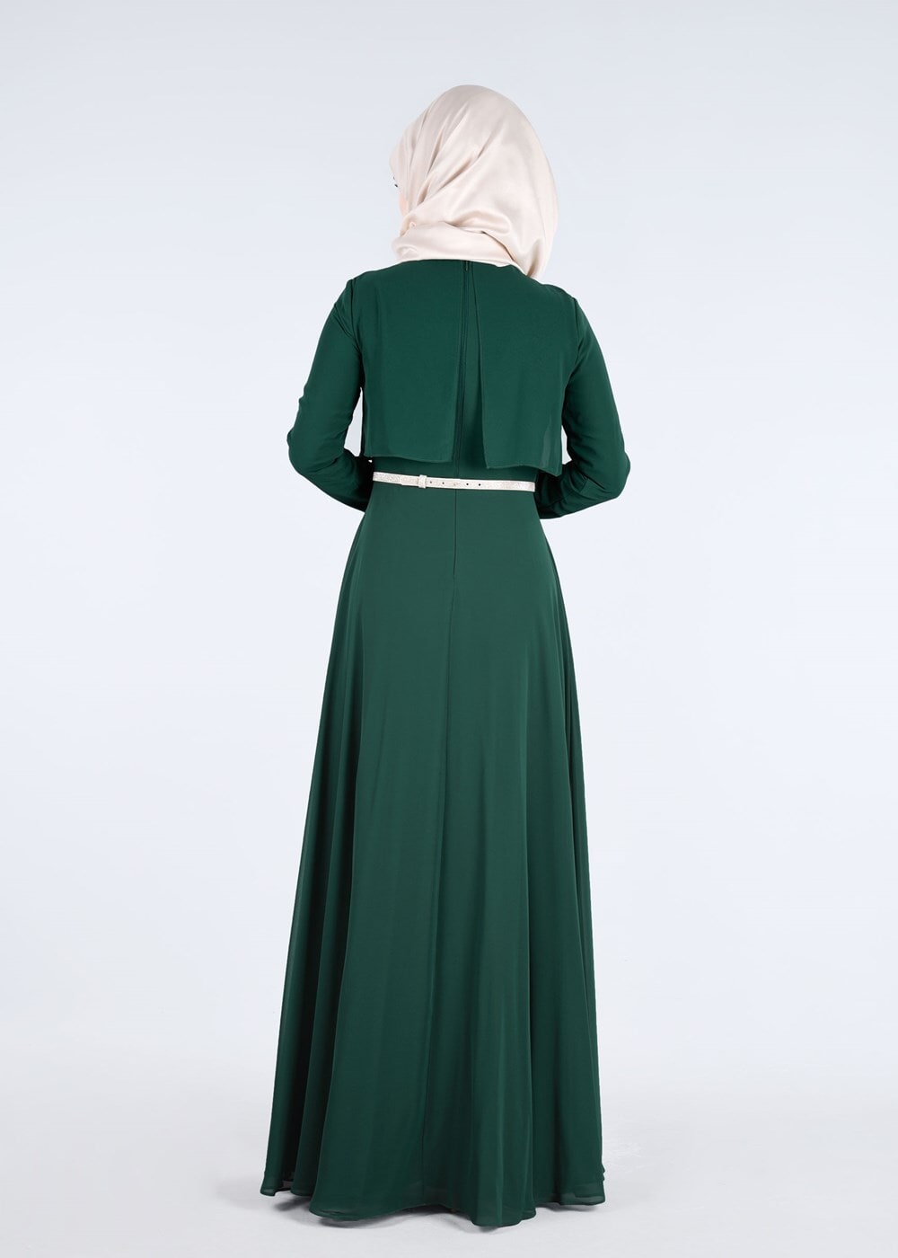 Tesettür giyim YEŞİL YAKASI TAŞ AKSESUARLI KEMERLİ ABİYE ELBİSE 5240