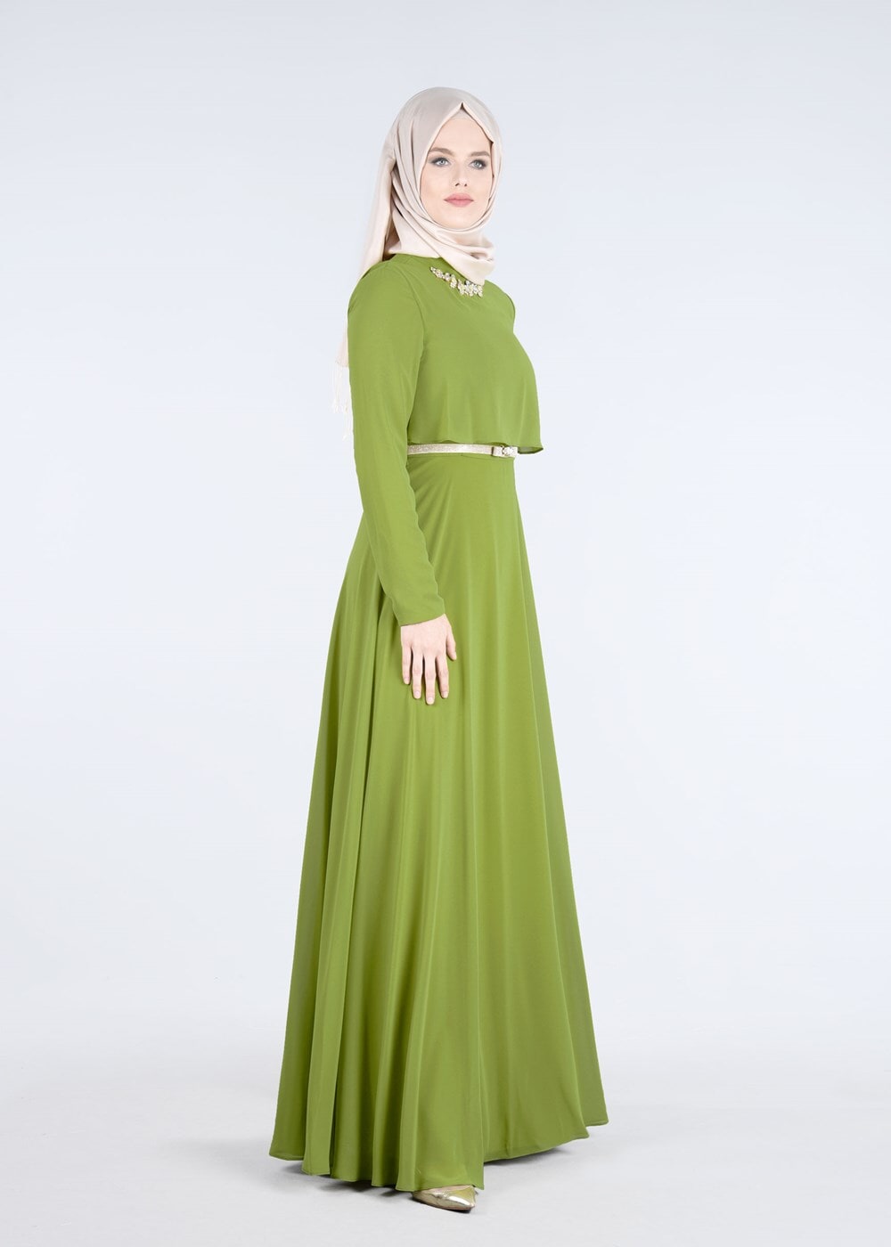 Tesettür giyim YEŞİL YAKASI TAŞ AKSESUARLI KEMERLİ ABİYE ELBİSE 5240