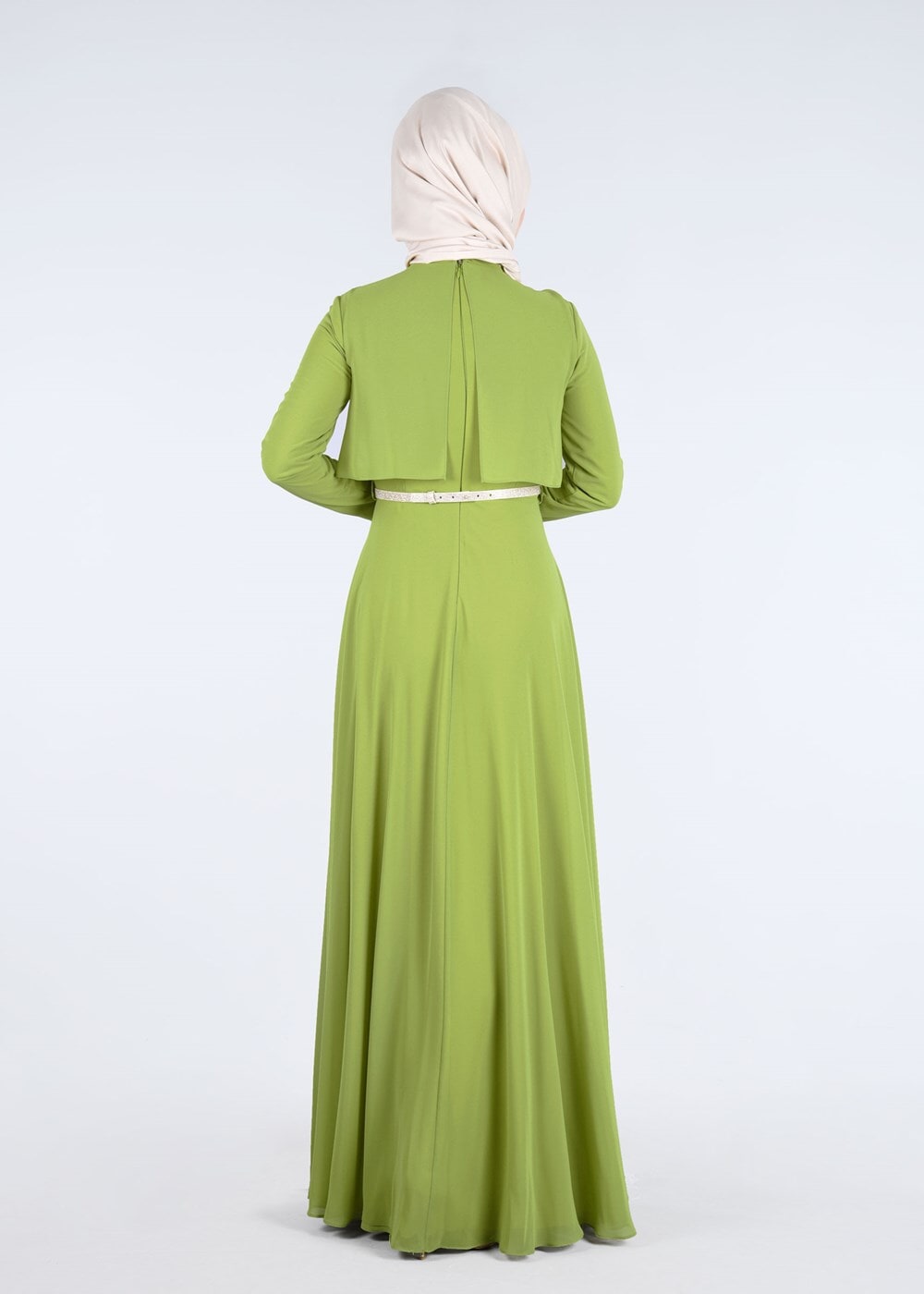 Tesettür giyim YEŞİL YAKASI TAŞ AKSESUARLI KEMERLİ ABİYE ELBİSE 5240