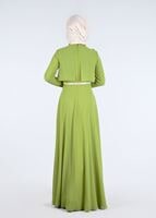 Tesettür giyim YEŞİL YAKASI TAŞ AKSESUARLI KEMERLİ ABİYE ELBİSE 5240