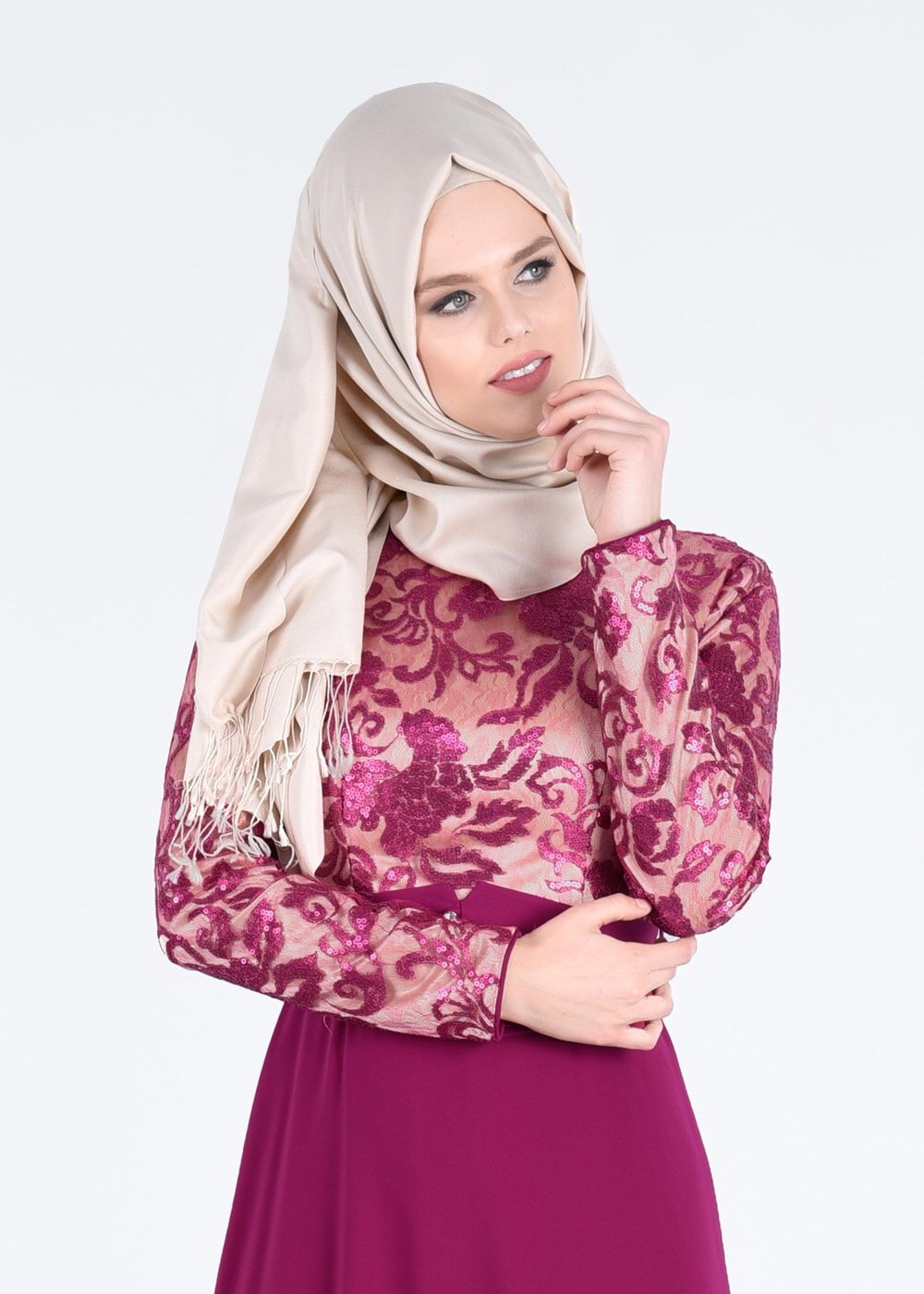 Tesettür giyim FUŞYA PUL İŞLEMELİ ABİYE ELBİSE 5241 