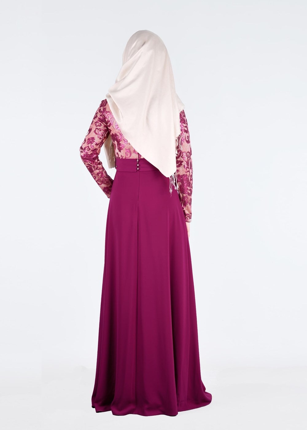 Tesettür giyim FUŞYA PUL İŞLEMELİ ABİYE ELBİSE 5241 