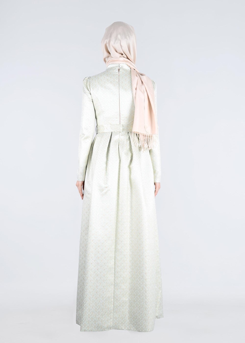 Tesettür giyim YEŞİL JAKAR KUMAŞ FİYONKLU ABİYE ELBİSE 5246 