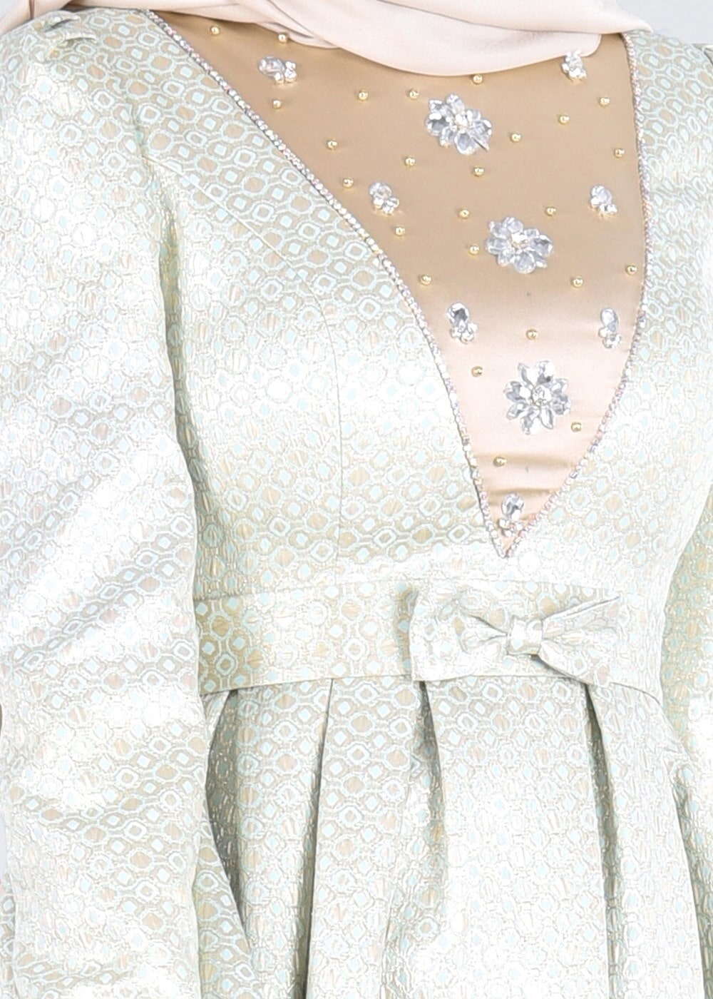 Tesettür giyim YEŞİL JAKAR KUMAŞ FİYONKLU ABİYE ELBİSE 5246 