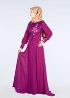 Tesettür giyim FUŞYA ÇİÇEK İŞLEMELİ PULLU ABİYE ELBİSE 5252