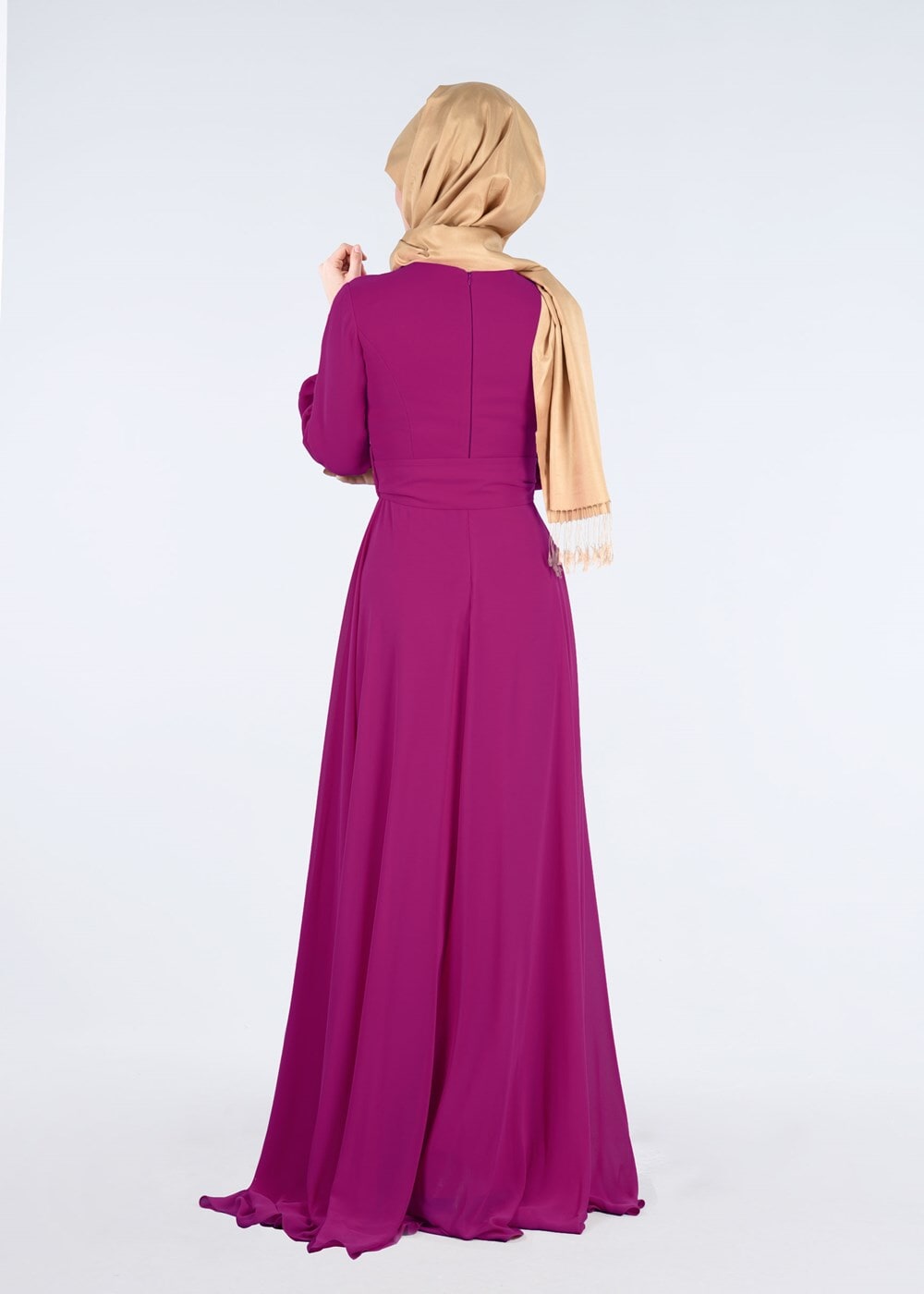 Tesettür giyim FUŞYA ÇİÇEK İŞLEMELİ PULLU ABİYE ELBİSE 5252