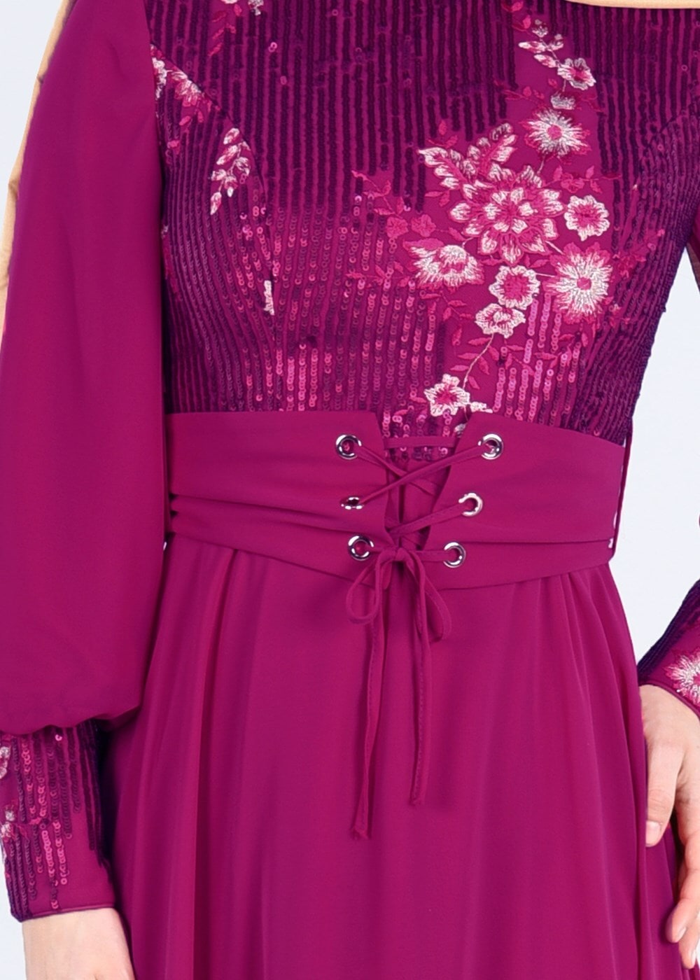 Tesettür giyim FUŞYA ÇİÇEK İŞLEMELİ PULLU ABİYE ELBİSE 5252