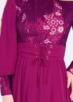 Tesettür giyim FUŞYA ÇİÇEK İŞLEMELİ PULLU ABİYE ELBİSE 5252