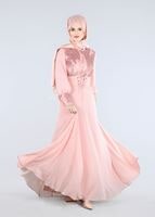 Tesettür giyim PUDRA ÇİÇEK İŞLEMELİ PULLU ABİYE ELBİSE 5252