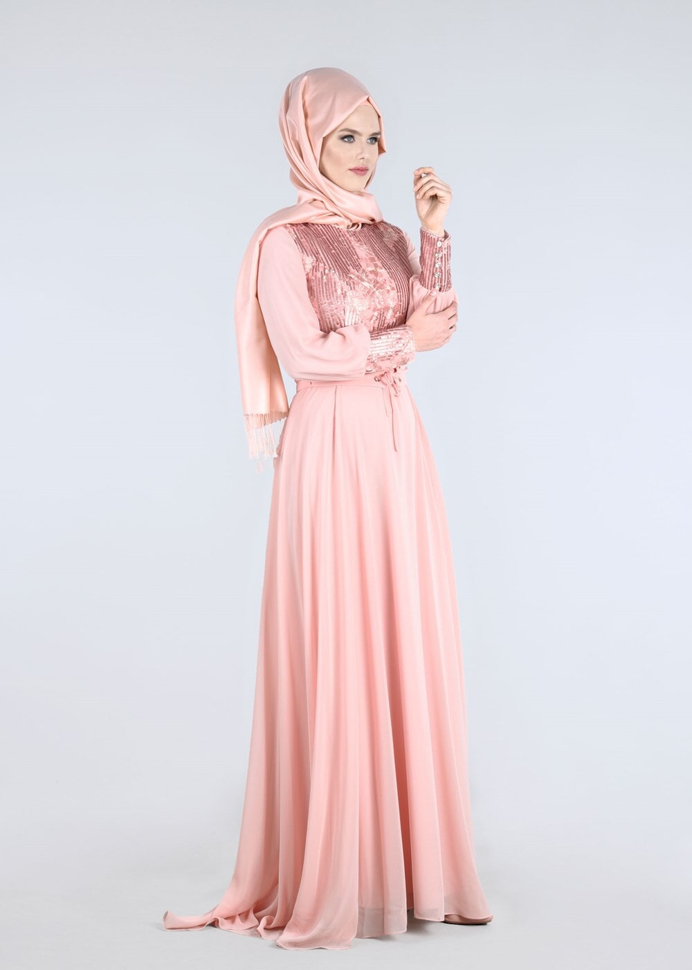 Tesettür giyim PUDRA ÇİÇEK İŞLEMELİ PULLU ABİYE ELBİSE 5252