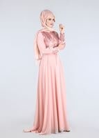 Tesettür giyim PUDRA ÇİÇEK İŞLEMELİ PULLU ABİYE ELBİSE 5252