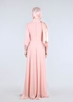 Tesettür giyim PUDRA ÇİÇEK İŞLEMELİ PULLU ABİYE ELBİSE 5252