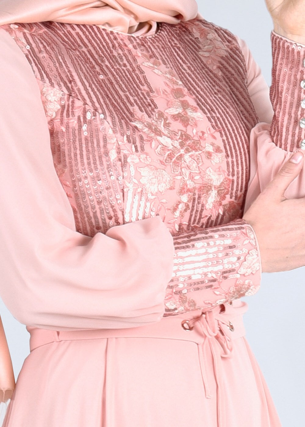 Tesettür giyim PUDRA ÇİÇEK İŞLEMELİ PULLU ABİYE ELBİSE 5252