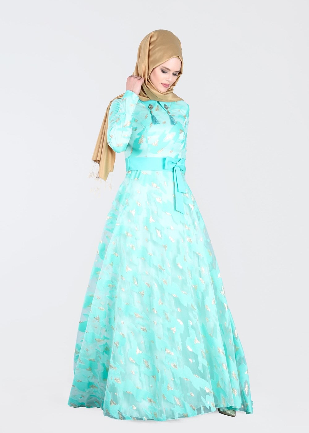 Tesettür giyim YEŞİL YAKALI BELİ FİYONK DETAYLI ABİYE ELBİSE 5260 