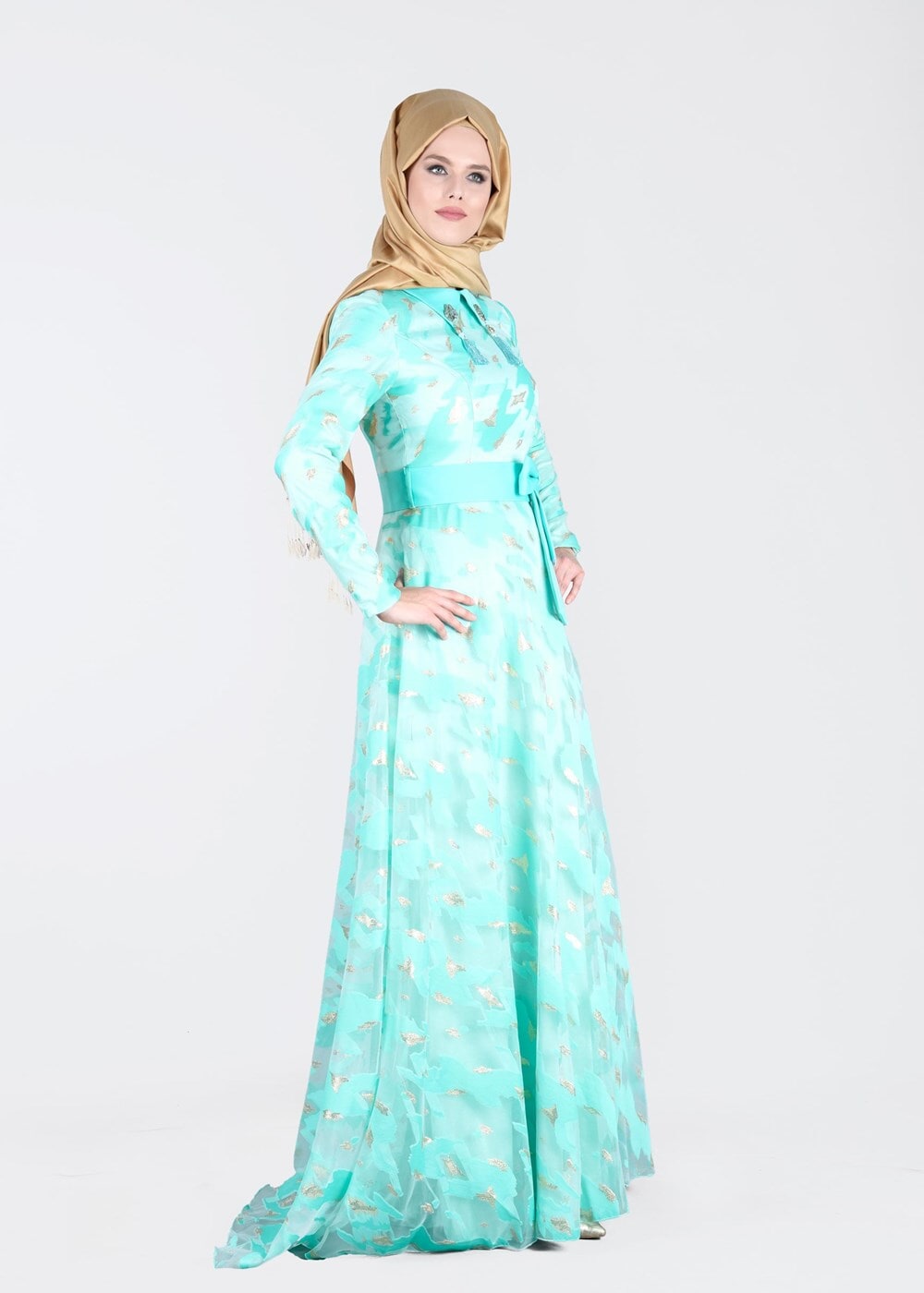 Tesettür giyim YEŞİL YAKALI BELİ FİYONK DETAYLI ABİYE ELBİSE 5260 