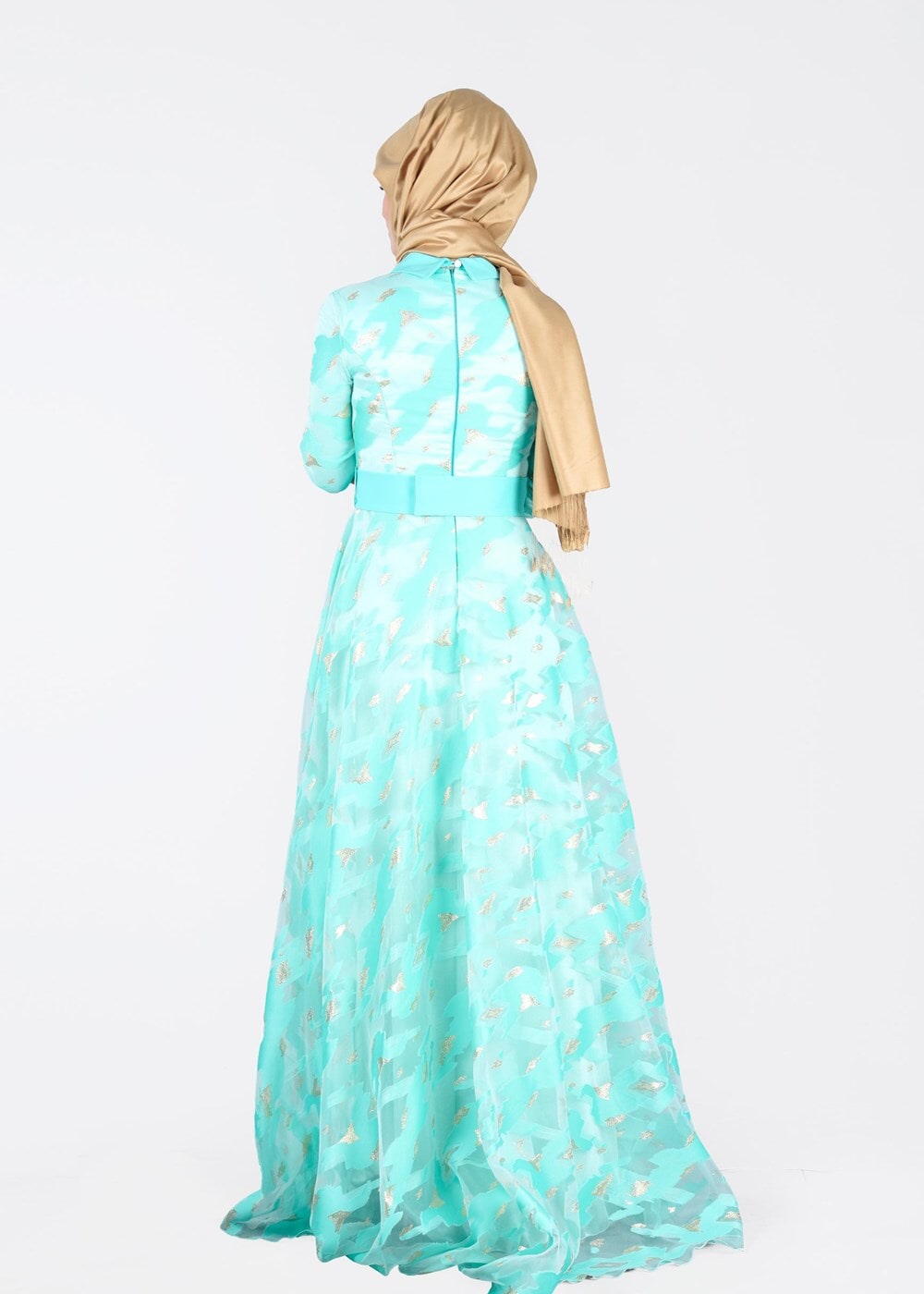 Tesettür giyim YEŞİL YAKALI BELİ FİYONK DETAYLI ABİYE ELBİSE 5260 