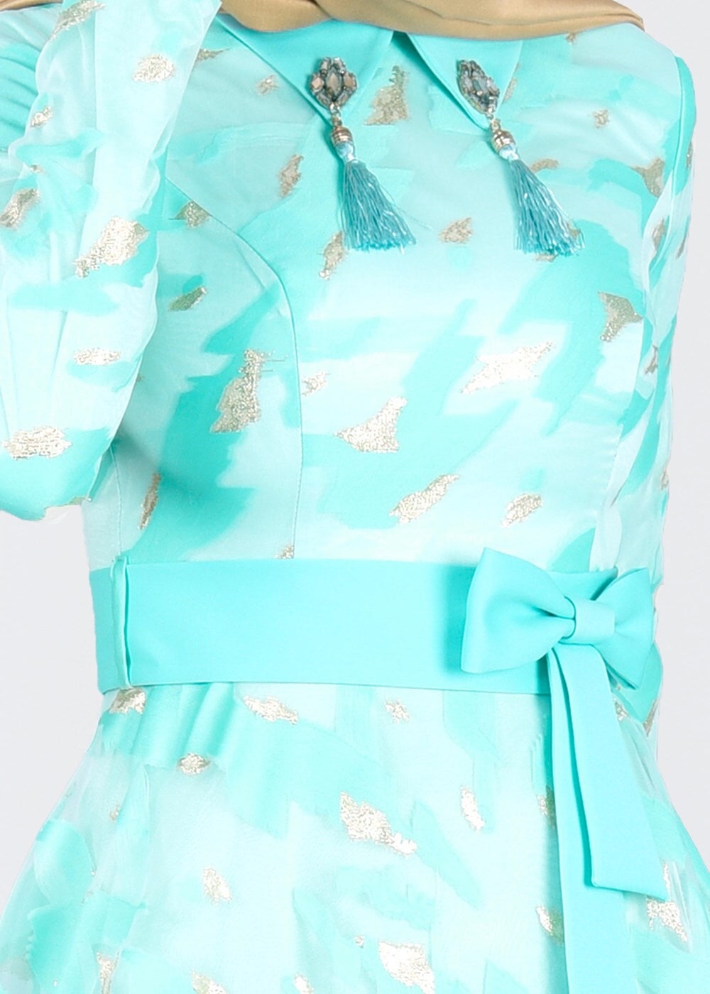 Tesettür giyim YEŞİL YAKALI BELİ FİYONK DETAYLI ABİYE ELBİSE 5260 