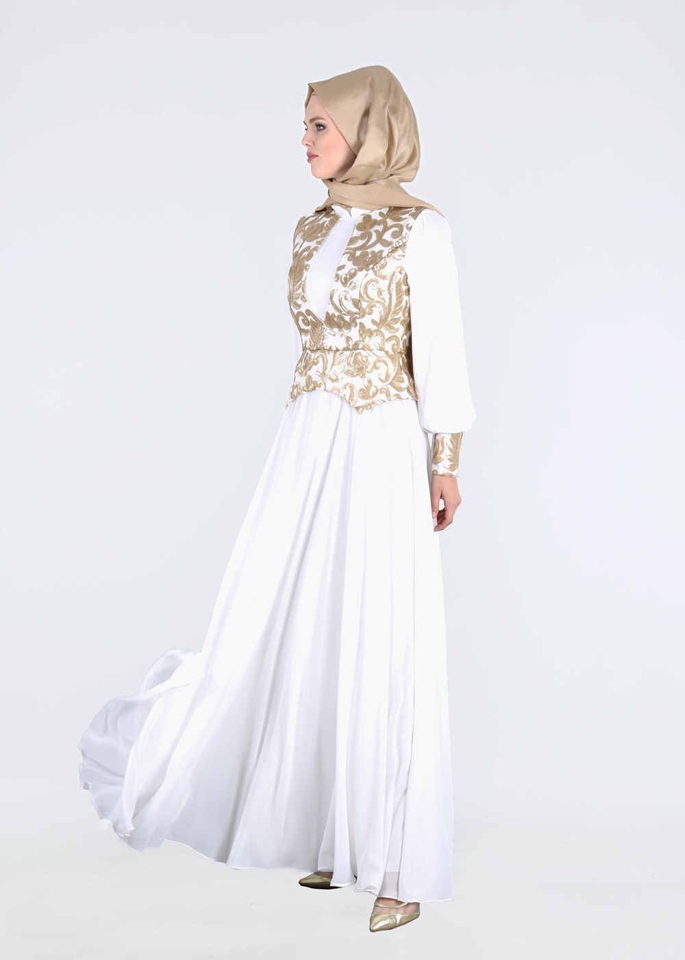 Tesettür giyim KREM ALVİNA ŞİFON ABİYE ELBİSE T 5277