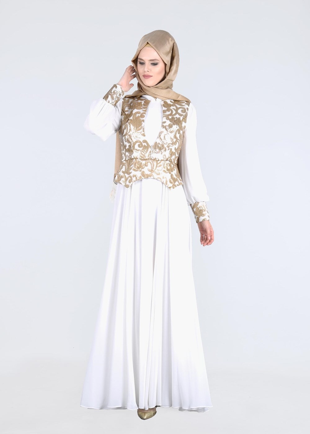 Tesettür giyim KREM ALVİNA ŞİFON ABİYE ELBİSE T 5277
