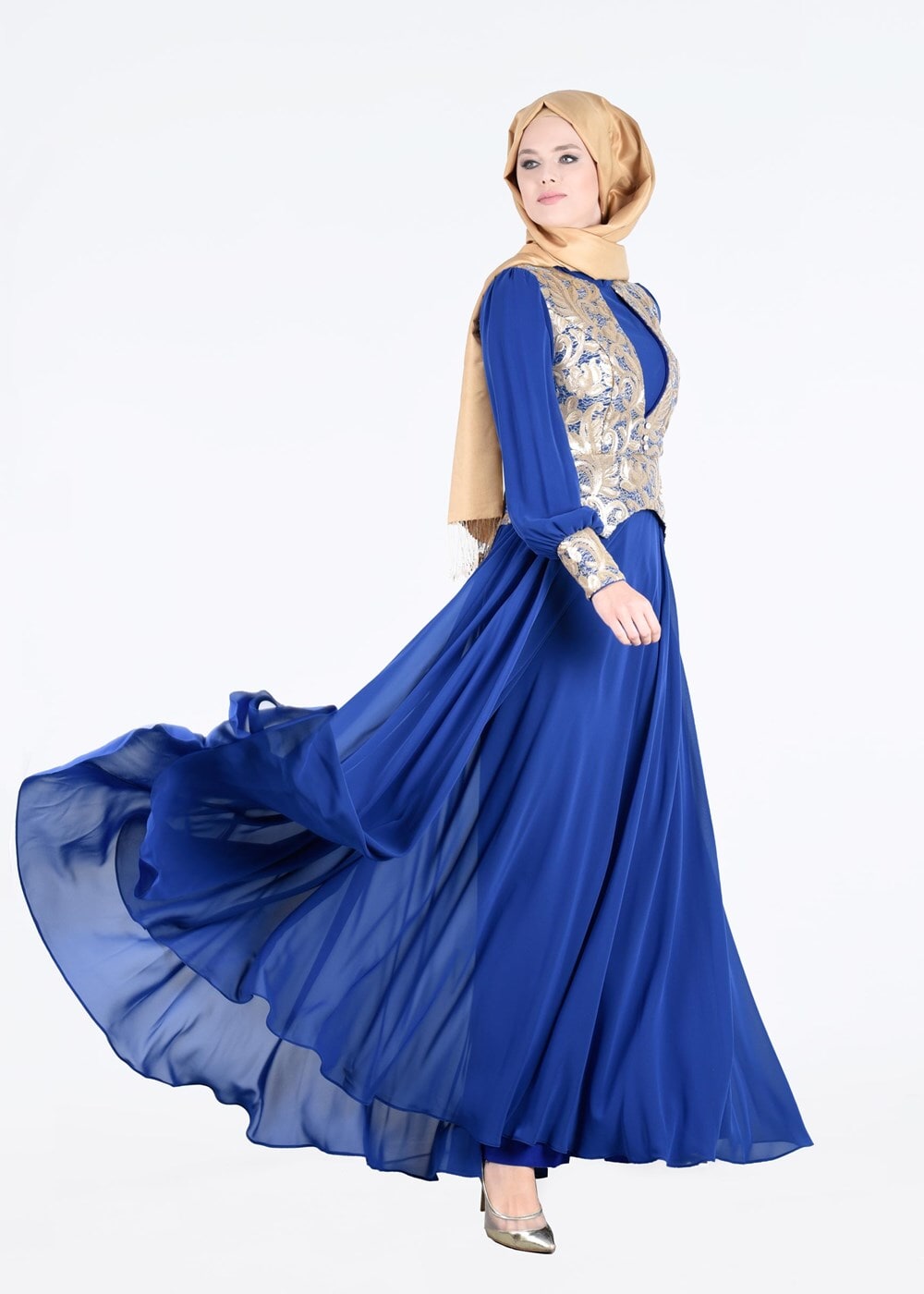 Tesettür giyim LACİVERT ALVİNA ŞİFON ABİYE ELBİSE T 5277