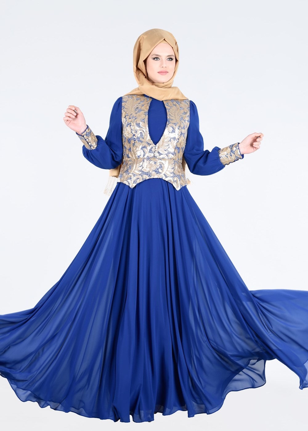 Tesettür giyim LACİVERT ALVİNA ŞİFON ABİYE ELBİSE T 5277