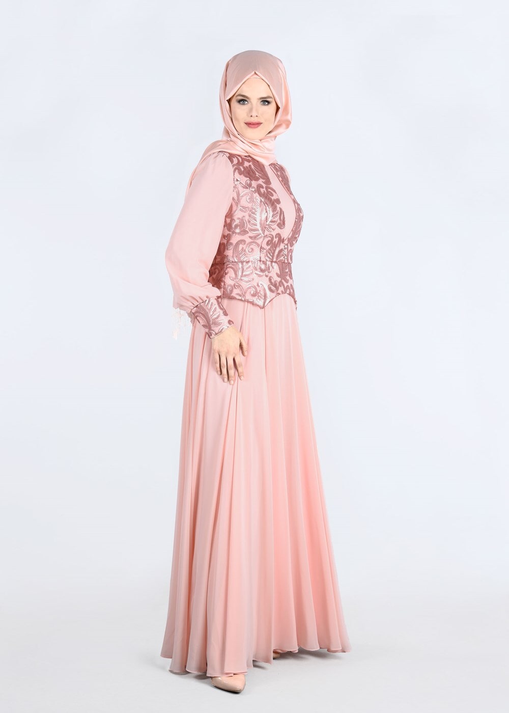 Tesettür giyim PUDRA ALVİNA ŞİFON ABİYE ELBİSE T 5277