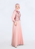 Tesettür giyim PUDRA ALVİNA ŞİFON ABİYE ELBİSE T 5277