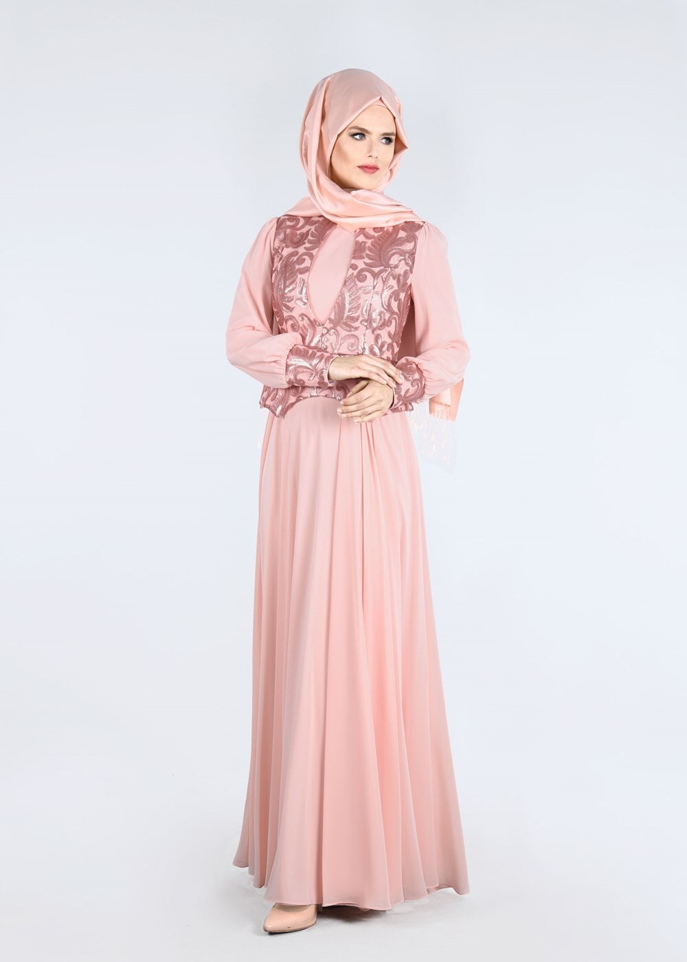 Tesettür giyim PUDRA ALVİNA ŞİFON ABİYE ELBİSE T 5277