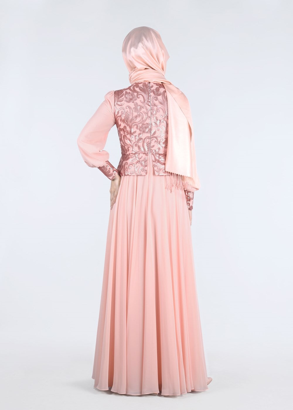 Tesettür giyim PUDRA ALVİNA ŞİFON ABİYE ELBİSE T 5277
