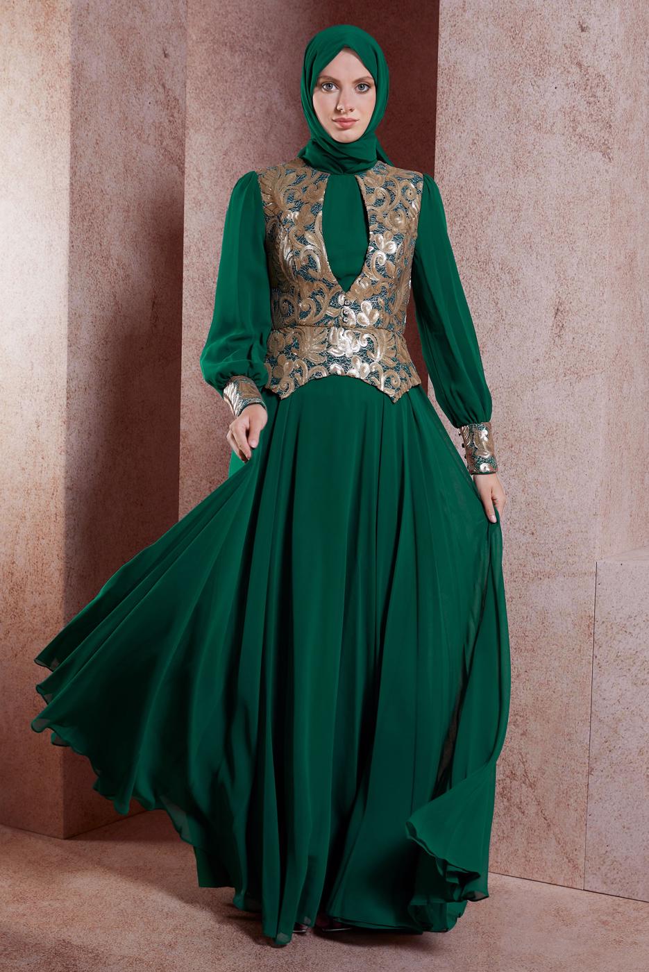 Tesettür giyim YEŞİL ALVİNA ŞİFON ABİYE ELBİSE T 5277
