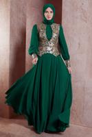 Tesettür giyim YEŞİL ALVİNA ŞİFON ABİYE ELBİSE T 5277