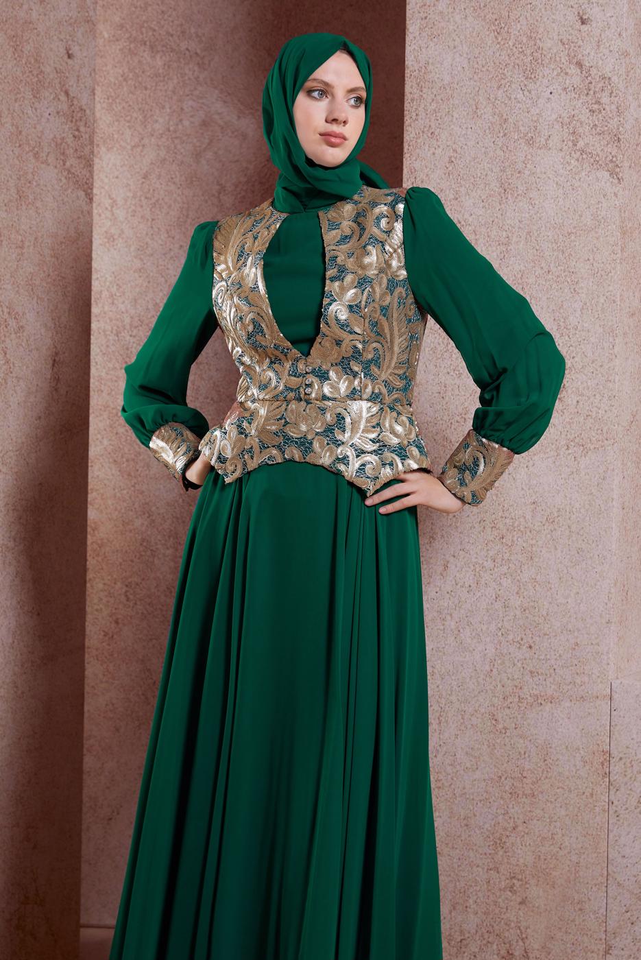 Tesettür giyim YEŞİL ALVİNA ŞİFON ABİYE ELBİSE T 5277