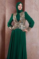 Tesettür giyim YEŞİL ALVİNA ŞİFON ABİYE ELBİSE T 5277