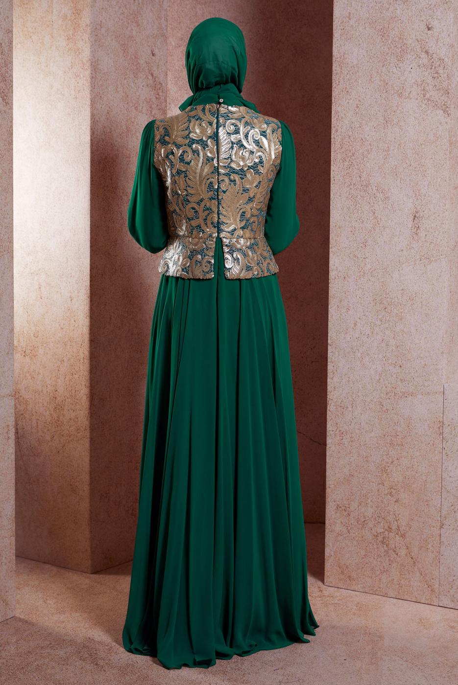 Tesettür giyim YEŞİL ALVİNA ŞİFON ABİYE ELBİSE T 5277