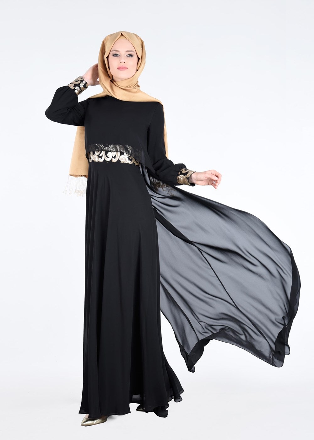 Tesettür giyim SİYAH İŞLEME DETAYLI ŞİFON ABİYE ELBİSE 5278 