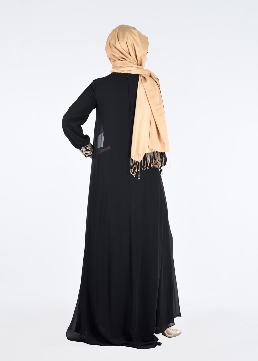 Tesettür giyim SİYAH İŞLEME DETAYLI ŞİFON ABİYE ELBİSE 5278 