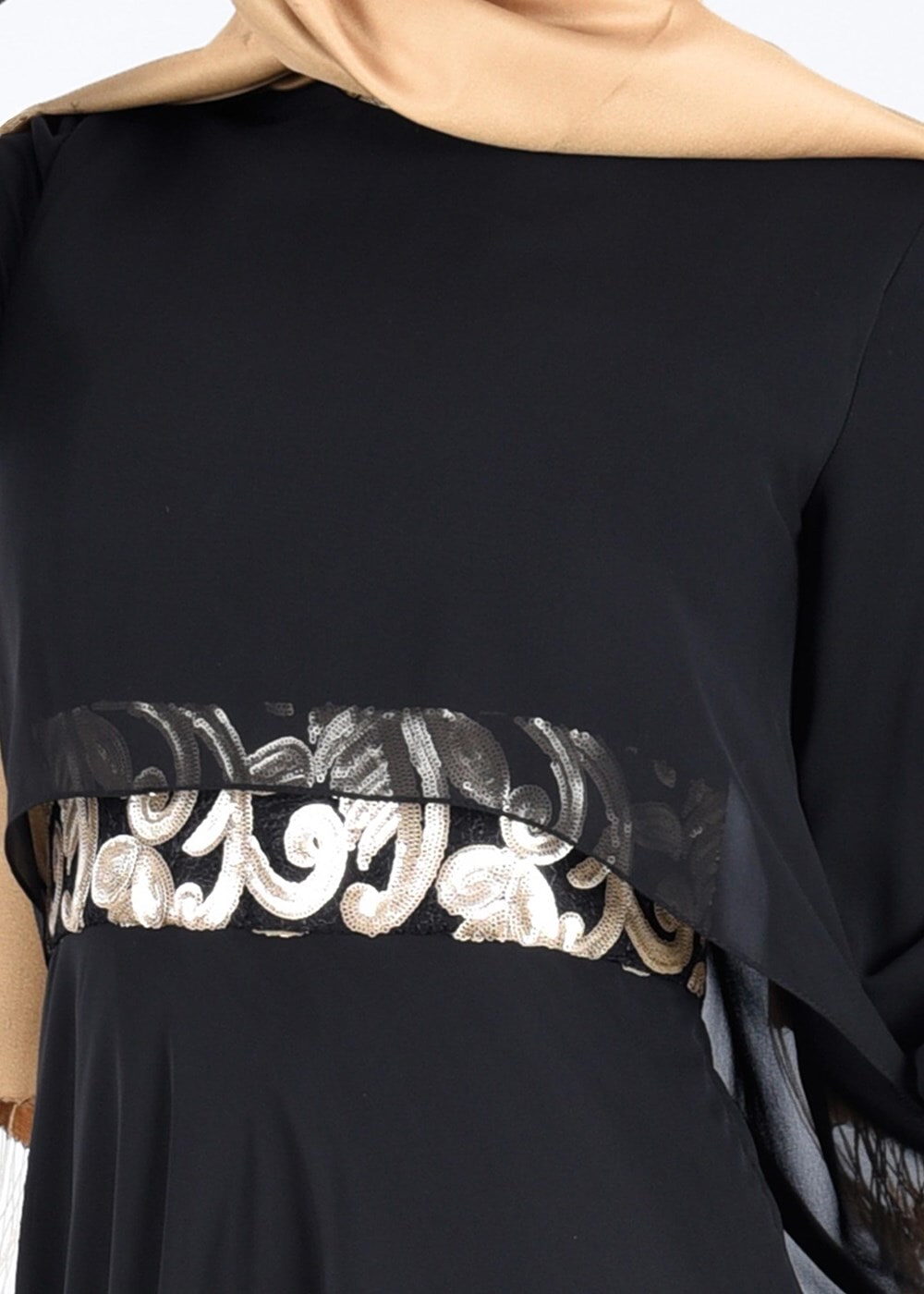 Tesettür giyim SİYAH İŞLEME DETAYLI ŞİFON ABİYE ELBİSE 5278 