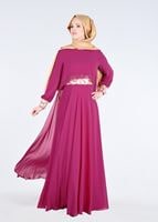 Tesettür giyim FUŞYA İŞLEME DETAYLI ŞİFON ABİYE ELBİSE 5278 