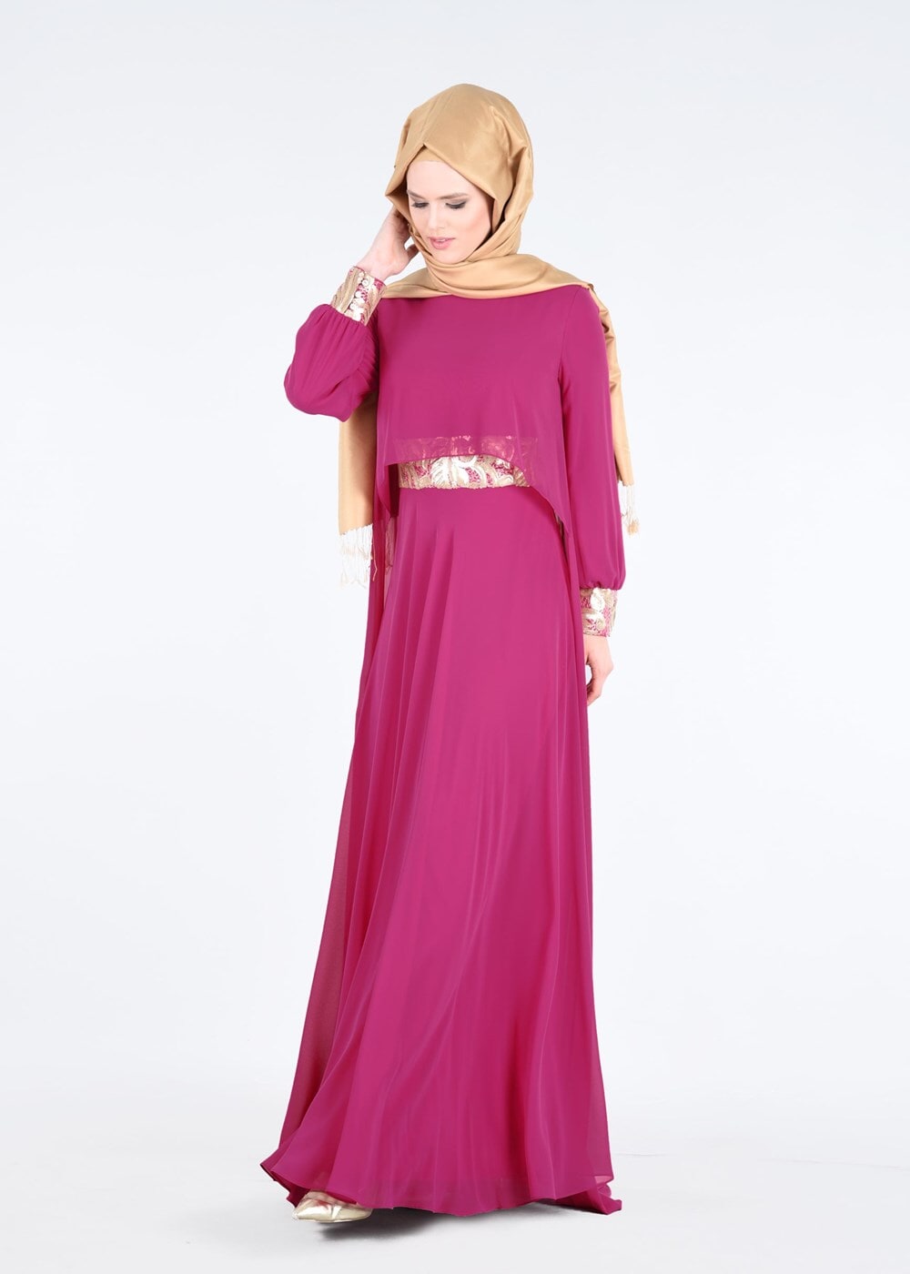 Tesettür giyim FUŞYA İŞLEME DETAYLI ŞİFON ABİYE ELBİSE 5278 