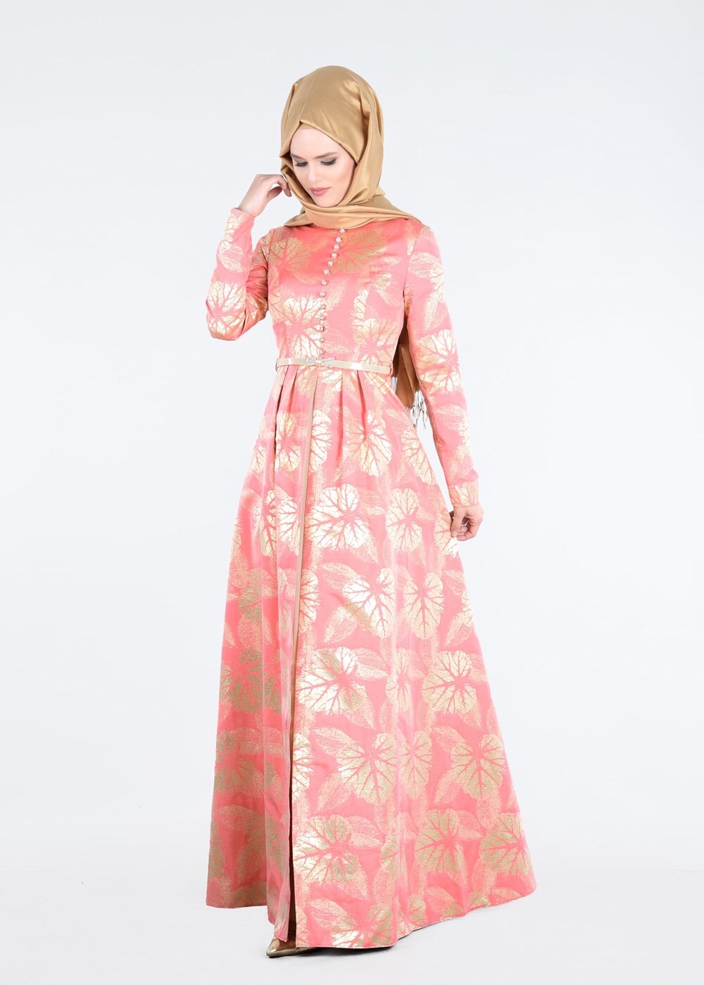 Tesettür giyim MERCAN KEMERLİ ÖNÜ DÜĞMELİ ABİYE ELBİSE 5284