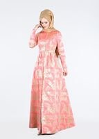 Tesettür giyim MERCAN KEMERLİ ÖNÜ DÜĞMELİ ABİYE ELBİSE 5284