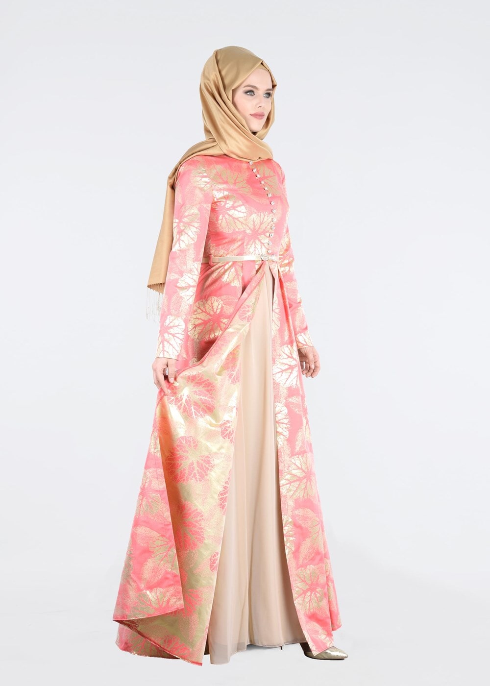 Tesettür giyim MERCAN KEMERLİ ÖNÜ DÜĞMELİ ABİYE ELBİSE 5284