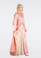 Tesettür giyim MERCAN KEMERLİ ÖNÜ DÜĞMELİ ABİYE ELBİSE 5284