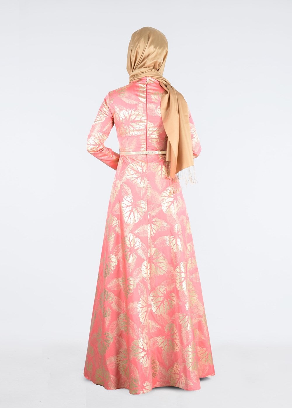 Tesettür giyim MERCAN KEMERLİ ÖNÜ DÜĞMELİ ABİYE ELBİSE 5284